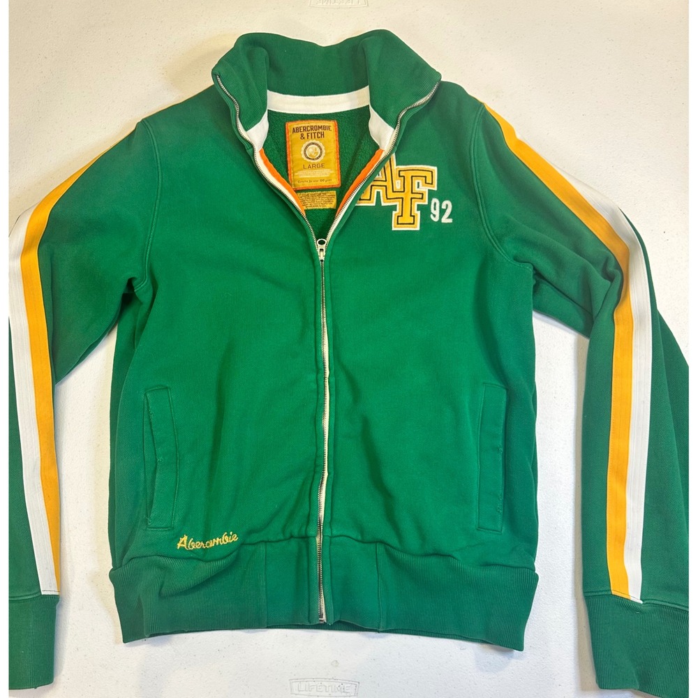Abercrombie & Fitch Mens Green Track Jacket AF 92 Full Zip Large Striped Sleeve